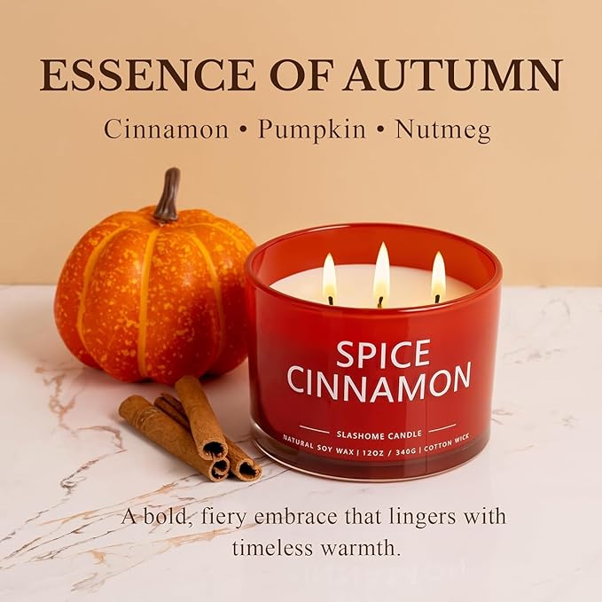 Spiced Cinnamon Scented Candle, Luxury Large 3 Wick Soy Candle 12 Oz, 60+ Hour Long Lasting Clean Burn, Elegant Aromatherapy Home Decor, Housewarming & Birthday Gift for Men & Women