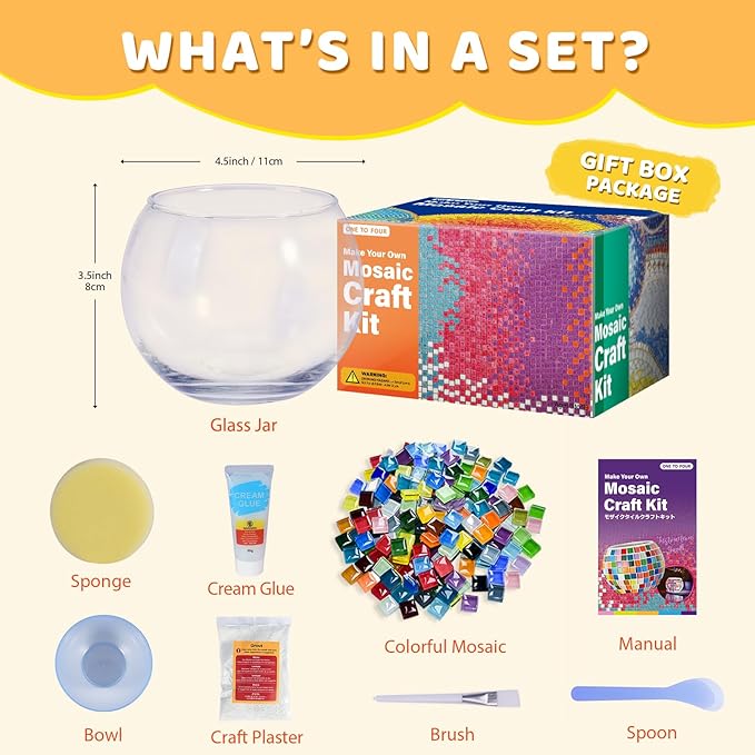 ONE TO FOUR Kids Craft Kit Mosaic Stained Glass Candle Holder - DIY Arts and Crafts for Kids Ages 8-12 & Adults, Turkish Night Light Making Kit, Ideal Home Decor Gift for Birthdays, Easter