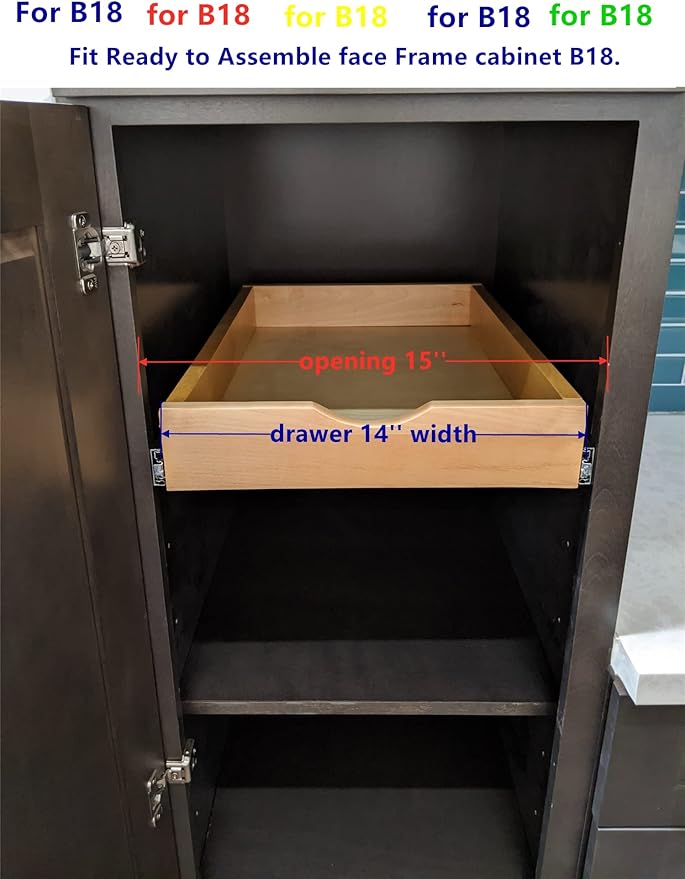 Elysian 14" Pull Out Kitchen Drawer for 18" Cabinets, Birch Solid Wood Storage Tray, 21"D x 3"H, Smooth Ball Bearing Glides, Sturdy Side Mount Design, Natural Finish