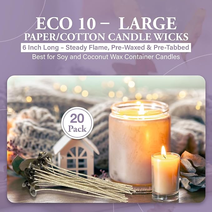 20 Pack | Jess Mae® ECO 10 Candle Wicks | 6 Inch | Pre-Tabbed & Pre-Waxed with Bees Wax Primer | Cotton Paper-Core Wicks | for Soy, Paraffin, Beeswax & Gel Container Candle Making