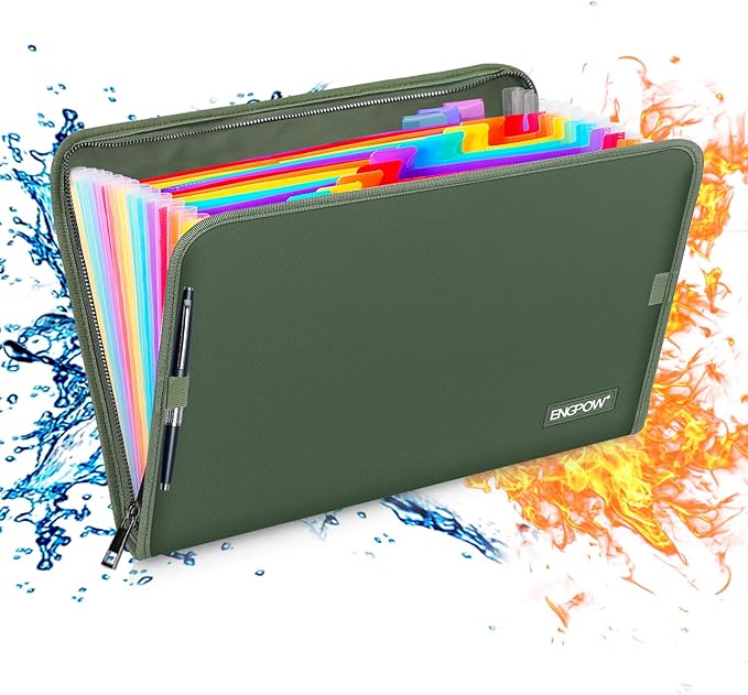 ENGPOW 13 Pocket Expanding File Folder,Fireproof Accordion File Folder Document Organizer with Zipper Closure,Document Folder Safe with Colorful Tabs,A4 Letter Size for Travel,Home,Office,Green
