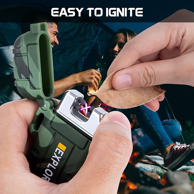 LcFun Electric Dual Arc Lighter USB Rechargeable Outdoor Windproof Flameless Plasma Lighters for Camping, Hiking, Waterproof Matches Survival Tactical Gear Birthday Gifts for Men