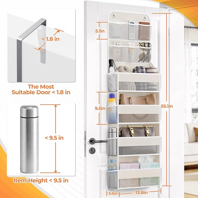 6-Tier Over the Door Organizer with Mesh Pockets, Baby Nursery Storage for Closet, Bathroom and Bedroom, Adjustable Hanging Closet Organizer for Cosmetics, Books and Essentials (Beige)