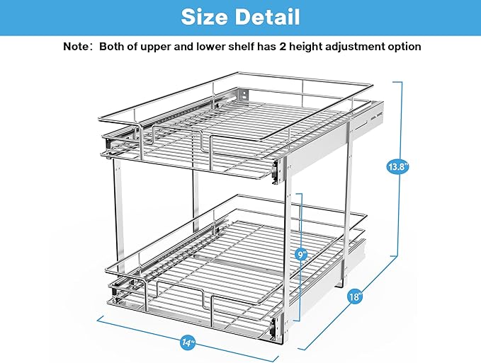 LOVMOR Individual Pull Out Cabinet Organizer, 2 Tier Slide Out Cabinet Drawers, Pots and Pans Organizer and Storage Pantry Shelf for Kitchen (14" W x 18" D)