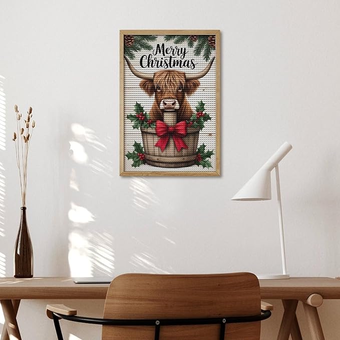 AIVKIEJK Diamond Painting Kits for Adults - Highland Cow Merry Christmas Painting DIY 5D Full Drill Diamond Dots Paintings with Diamonds Gem Art and Crafts Home Decor 8"x12"