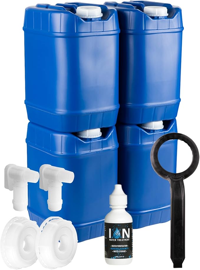 5-Gallon Stackable Water Storage Containers with Lids, Emergency Water Storage Kit Including Spigots, Wrench, and Water Preserver, 20 Gallons