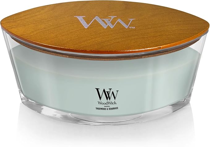 WoodWick Sagewood & Seagrass Gifts for Women and Men, 16 oz Ellipse Candle with Crackling Wick
