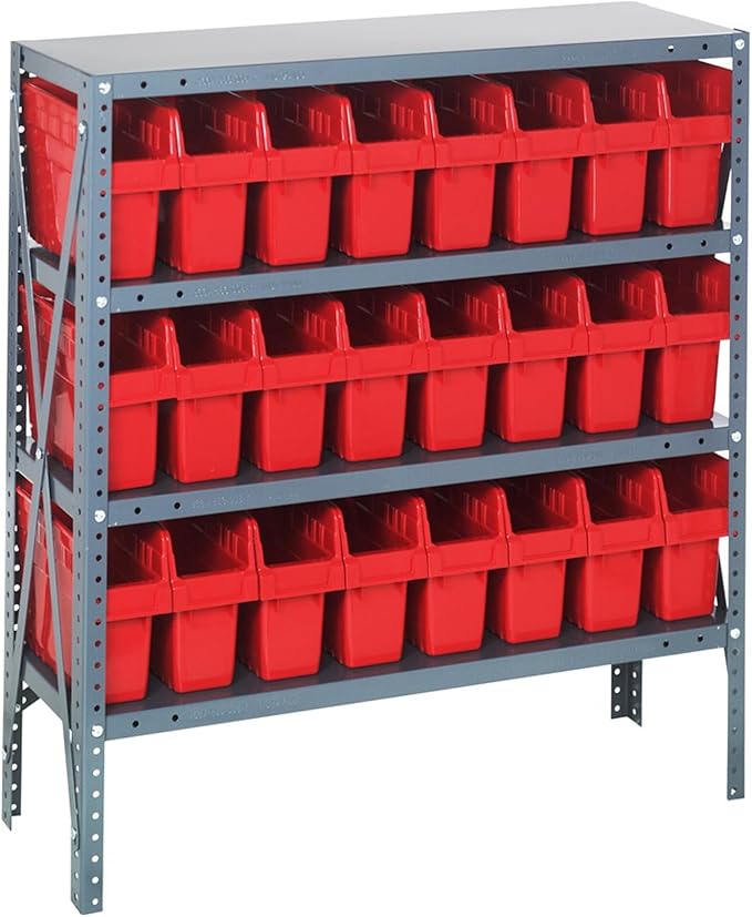 Quantum Storage Systems 1839-SB803RD Solid Heavy Duty 4 Shelves 24 STORE-MAX Red Bins 39" H x 36" W x 18" D