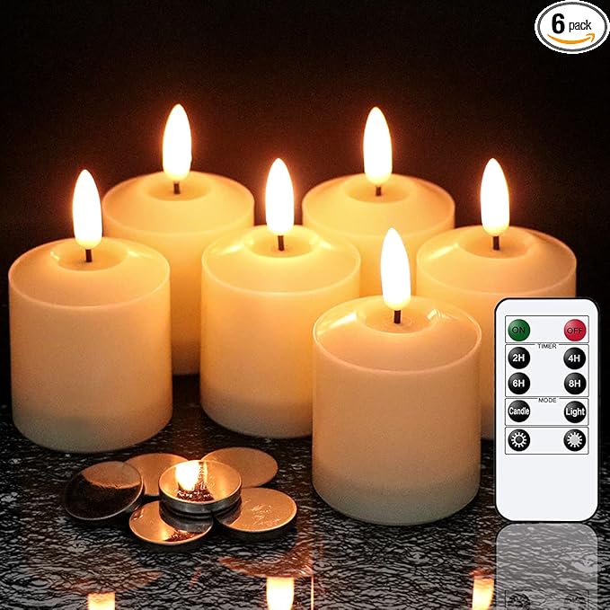 GenSwin Flameless Waterproof Pillar Candles Flickering with Remote & Timer, Battery Operated LED Votive 3D Wick Candles for Indoor Outdoor Lanterns 6 Pack Ivory(Battery Include, 2 x 3.2 Inch)