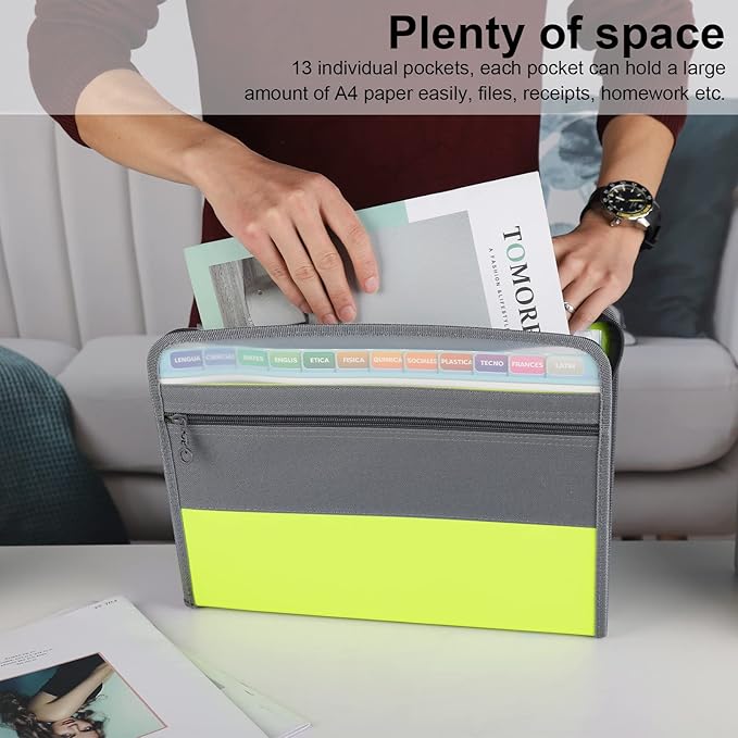 NAFY Expanding File Folder, 13 Pockets Document Organizer with Zipper, A4 Letter Size Portable Accordion Expanding File Folders with 27pcs Multicolor Labels for Home Office School Supplies (Green)