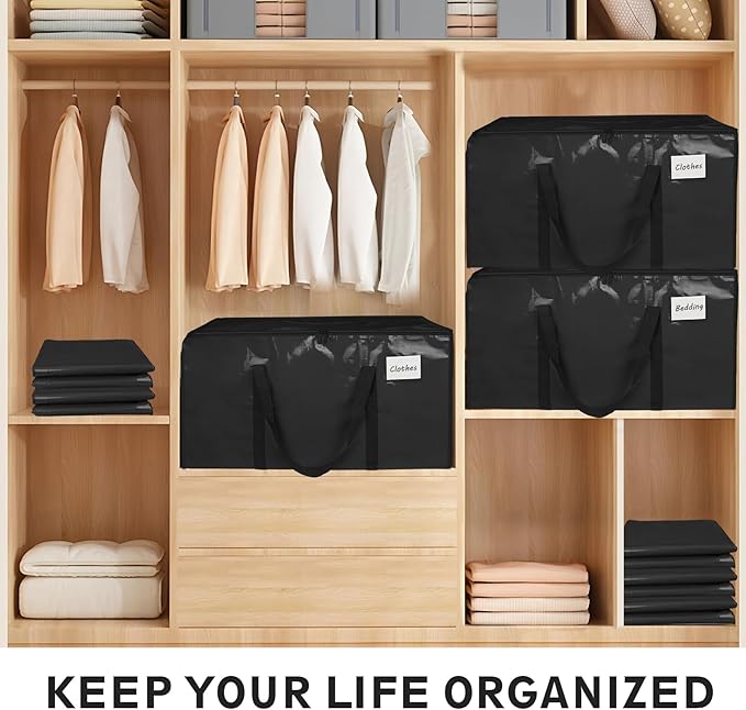 6 Pack-Extra Large Heavy Duty Moving Bags - Waterproof Storage Totes with Handles & Zippers, Foldable for College Dorm, Storage (Black)