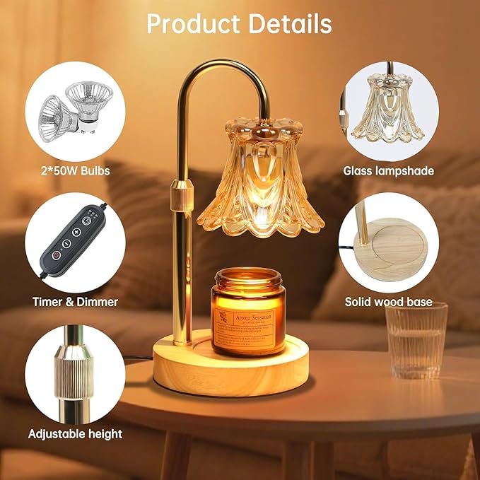 Candle Warmer Lamp with Dimmer - Electric Candle Lamp with Timer for Jar Candles Scented Candles, Plug-in Wax Warmer Lamp for Home & Office with 2 Bulb (White Peony)