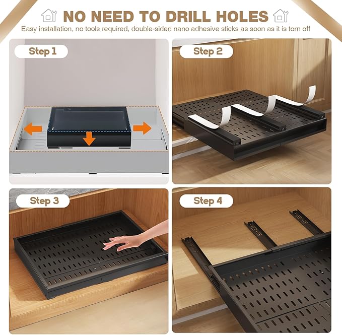 4 Pack Pull Out Cabinet Organizer With Raising Pad for Framed Cabinets,Expandable Width (13"-21") and Depth (17"-24"),3 Slide Rails Slide Out Drawers with Handle,No-Drill Roll Out Shelf,Black
