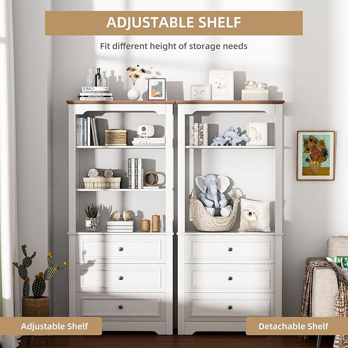 Bookcase 4-Tier Bookshelf with 3 Drawers, Pantry Storage Cabinets, 68'' Freestanding Tall Bathroom Cabinet, Sideboard Microwave Space Cupboard Organizer for Home Office, Retro White