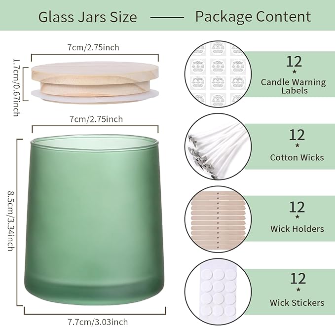 DARJEN 12 Pack Frosted Green Candle Jars for Making Candles- 9 OZ Empty Glass Candle Making Jars with Making Kits, Candle Making Supplies Candle Containers for Home DIY & GIFS