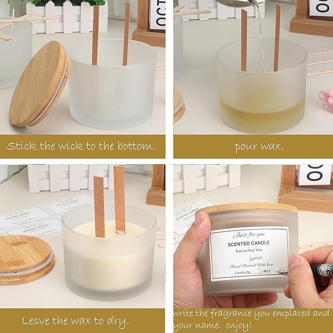 MILIVIXAY 6 Pack 16 oz Candle Jars with Bamboo Lids and Candle Making Kits - 3 Wick Candle Jar,Bulk Empty Frosted White Thick Glass Jars for Making Large Candles- Spice, Powder Containers.