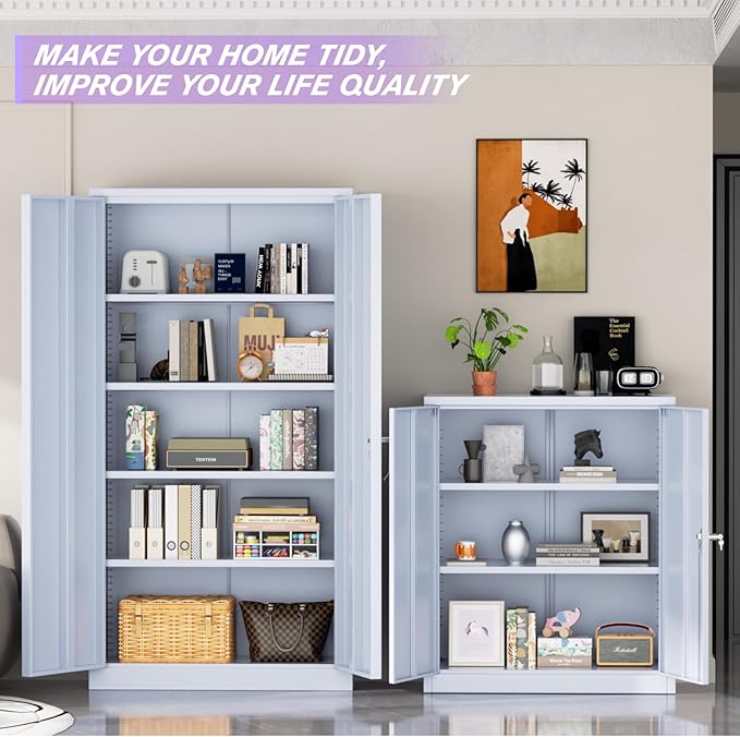 Superday Metal Storage Cabinets, 72" Storage Cabinet with Locking Door, Tall Garage Cabinet with 2 Doors and 4 Adjustable Shelves for Home Office, Classroom, Easy Assemble(Grey)