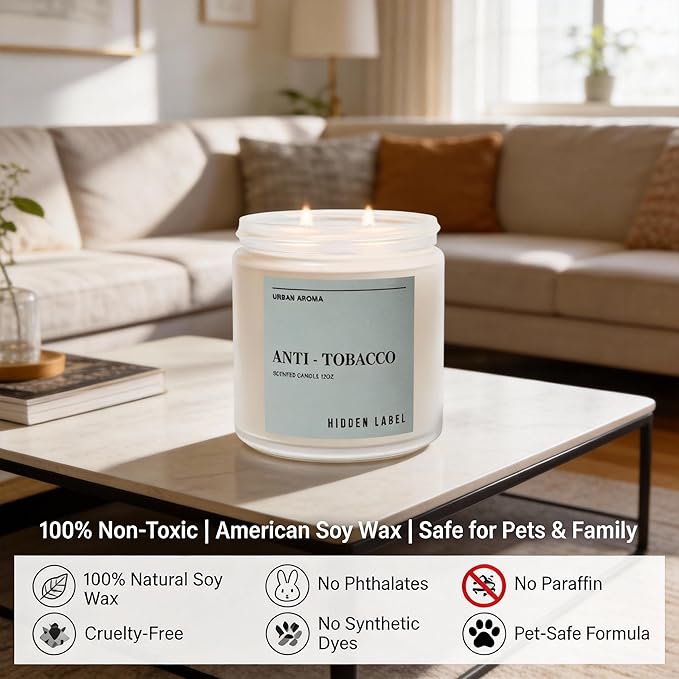 Hidden Label Anti Tobacco Scented Candle, 12oz Natural Soy Candle for Men, 70-Hour Clean Burning, Smoke Neutralizing & Air Purifying, Bachelor Pad Decor & Man Cave Essential, Gift for Him