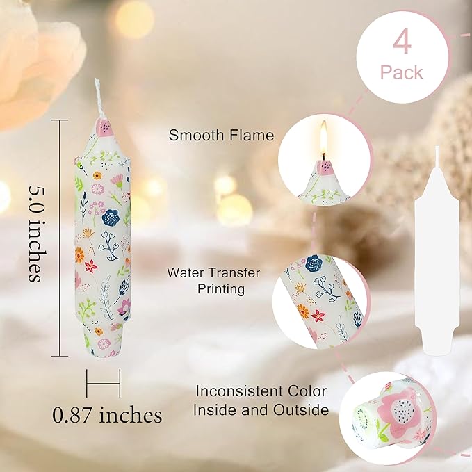 5 inch Short Candle Floral Candle Sticks Printed Candlestick Handmade Unscented Taper Candle 4 Pack Cute Flower Tapered Candles for Home Dinner Wedding Holiday