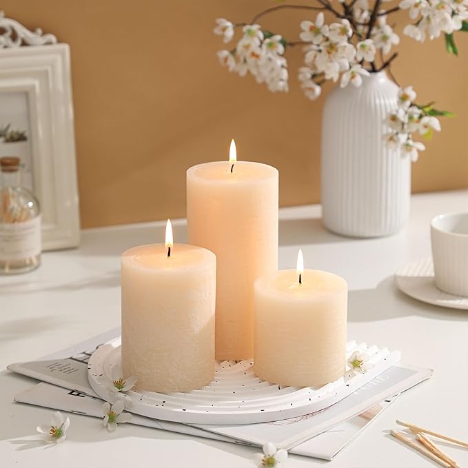 3x4 Inch Ivory Pillar Candles Set of 3 - Hand-Poured Unscented Candles, Long Clean Burning, Large Big Candle, Smokeless Dripless Candle for Dinner Table, Wedding, Home, Bathroom, Rustic Decor
