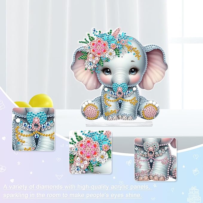 antor DIY Diamond Painting Desktop Ornament Kit, Acrylic Tabletop Diamond Art Decoration, Special Shape Crystal Diamond Painting Figurine Ornaments DIY Crafts Gift, Elephant with Floral Crown