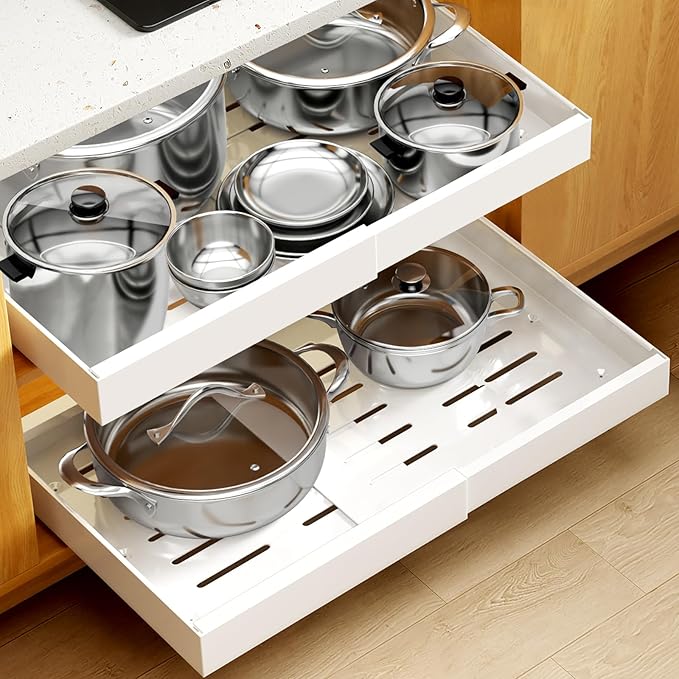 4 Pack Pull Out Cabinet Organizer for Pots and Pans, Upgraded 3-Slide Rail System with Adhesive Pads, Expandable Width (15.2"-26.2") Fits 21" Deep Framed/Frameless Cabinets, White Slide-Out Shelves