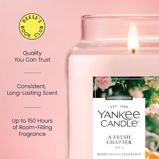 Yankee Candle x Reese’s Book Club, A Fresh Chapter, Spring Scented Candle, Bright Pomelo Scent, Blooming Rose Scent, 22oz Large Jar Candle with up to 150 Hours Burn Time, Giftable