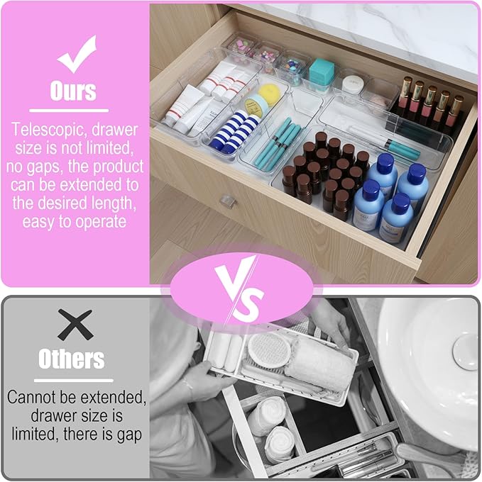 25pcs vanity Drawer organizers clear drawers organizer set vanity Drawer Storage Box expandable clear Plastic Drawe Organizer Bins Adjustable 3-Size bathroom makeup drawers organizers tray