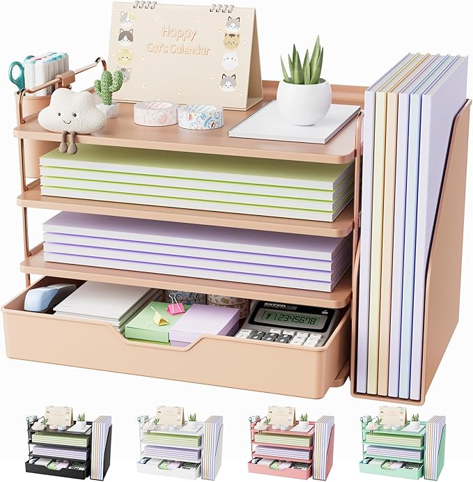 Kitsure Desk Organizer - 4-Tier Office Desk Accessories with Drawer ＆ Pen Holder, Tool-Free Assembly Organizer with Non-Slip Pads, for Office Supplies Storage, Plastic, 13.3" x 8.0" x 10.8", Rose Gold