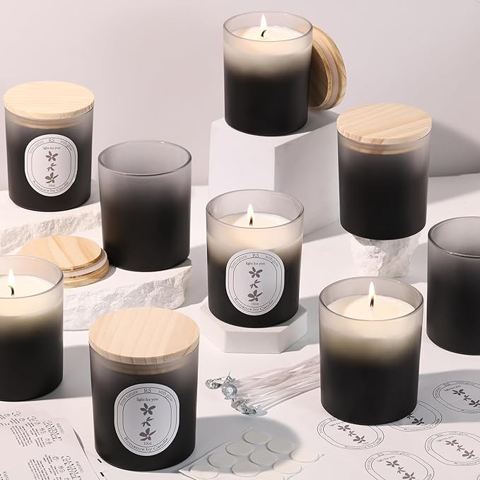 REISEN 12Pcs Gradient Black Candle Jars for Making Candles, 10oz Glass Jars with Bamboo Lids, Candle Wick Kit and Sticky Warning Labels, Candle Containers Vessels for DIY Gifts