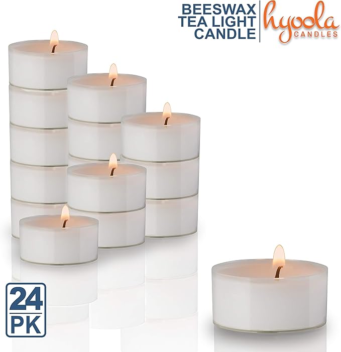 Hyoola Pure White Beeswax Tea Lights - 24 Pack - Handmade Decorative Unscented - Tealight Candles - 4 Hour Burn Time, Clear Cup