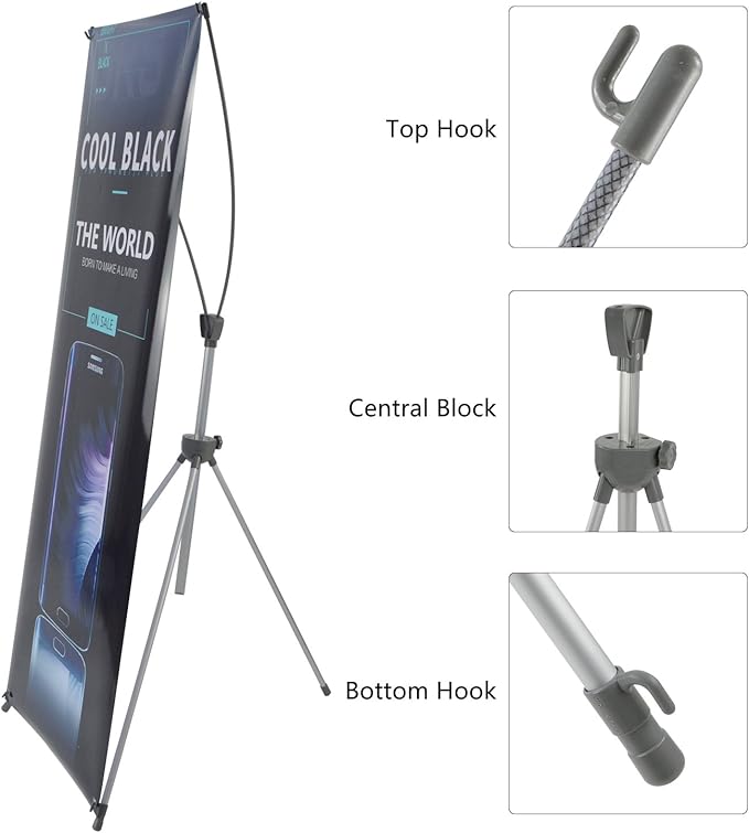 T-SIGN Reinforced Block Adjustable Tripod X Banner Stand, 23 x 63 to 32 x 78 Inch, Portable Travel Bag, Bigger, More Adaptable, Trade Show Exhibition - Silver (Pack of 1)