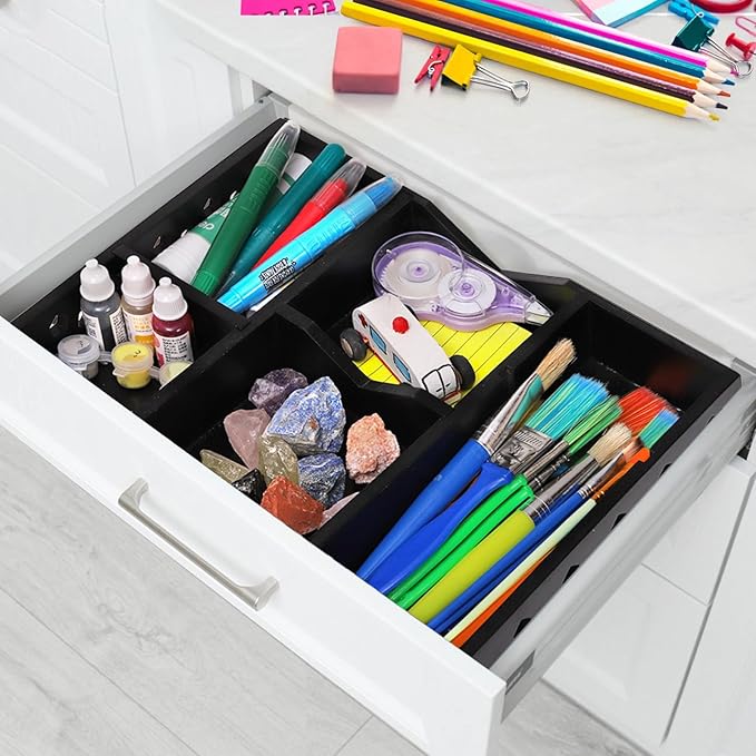 TOPZEA Wood Desk Drawer Organizer Tray, 6 Slot Junk Drawer Organizer with 2 Adjustable Divider Office Supplies Storage Organization for Desktop, Bathroom, Kitchen, Makeup, Vanity, Black