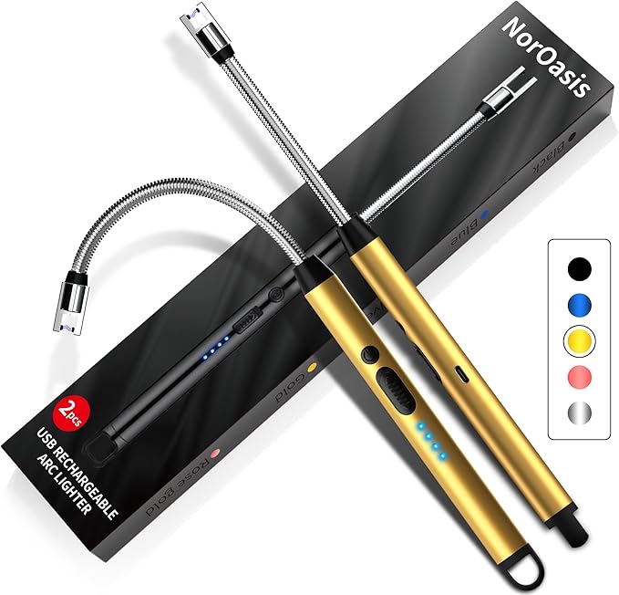 2-Pack Rechargeable Electric Candle Lighters, Flameless Windproof Long Lighter with 360° Flexible Neck and LED Display for Candles, Camping, BBQ & Fireplace (Gold)