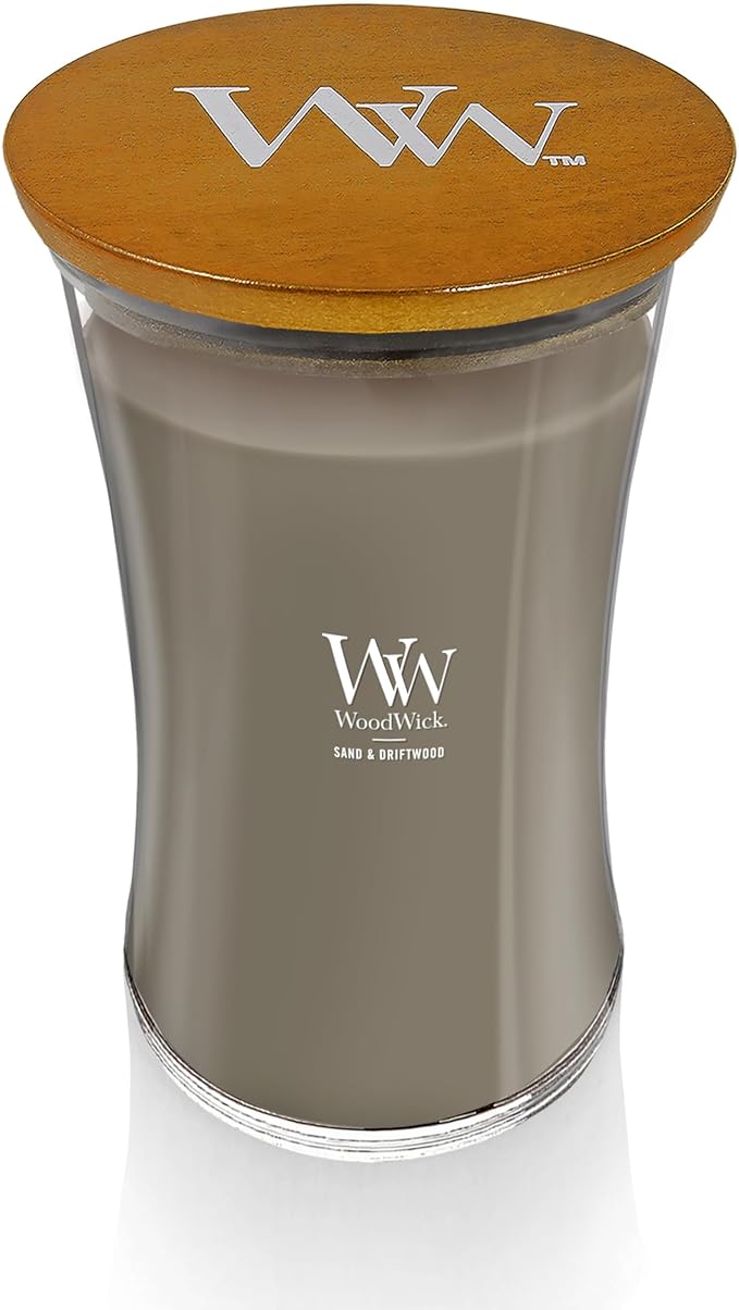 WoodWick Sand & Driftwood Gifts for Women and Men, 21.5 oz Large Hourglass Candle with Crackling Wick