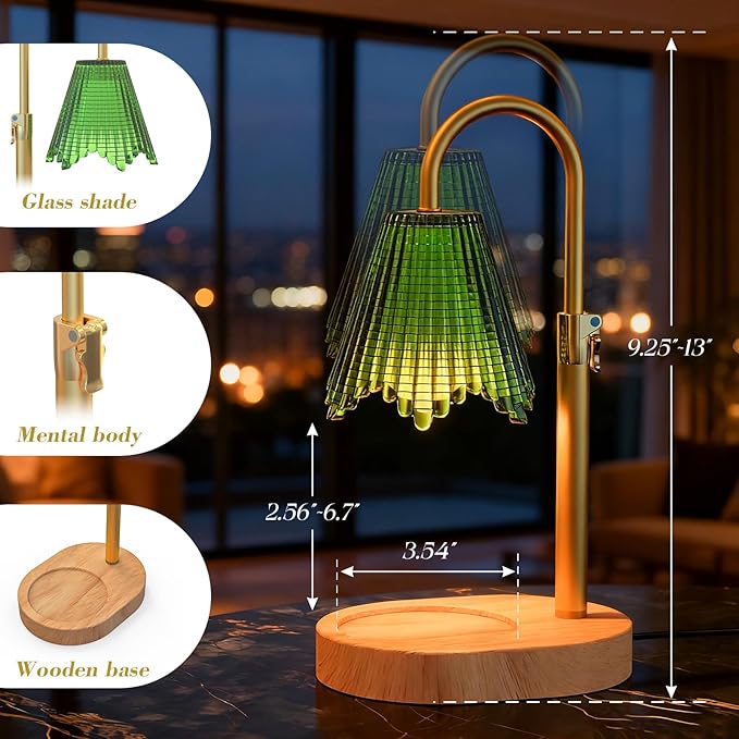 Candle Warmer Lamp with Adjustable Height - Flameless 4-Level Dimmable Wax Warmer with Colorful Glass Shade & Wooden Base, Timer Function & Stylish Design in Multiple Colors (Green 2)