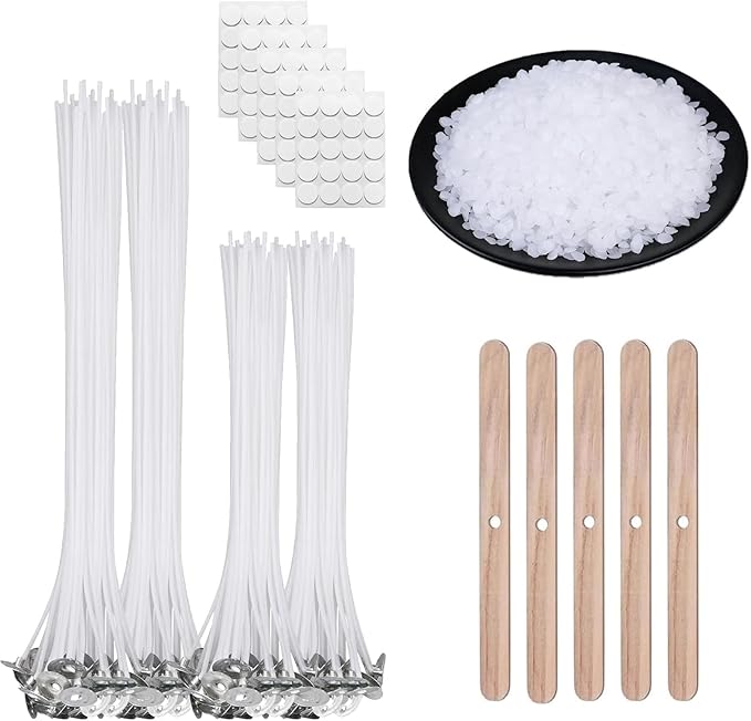 200 PCS Candle Making Kit with Soy Wax – Includes 100pcs 6-Inch and 100pcs 4-Inch Candle Wicks, 100 Wick Stickers, 100 Wick Holders, and 4 Wooden Centering Devices for DIY Candle Making