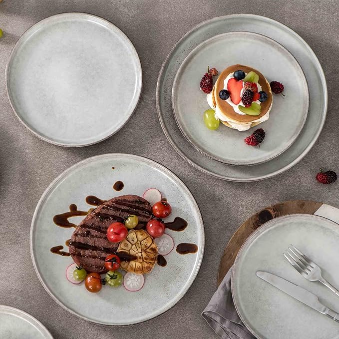 Henten Home Ceramic Dessert Plates, 8 Inch Porcelain Salad Plates Set of 4, Fluted Round Snack Plates for Kitchen, Cake Serving Stoneware Dishes, Reactive Glaze, Scratch Resistant (Grey)