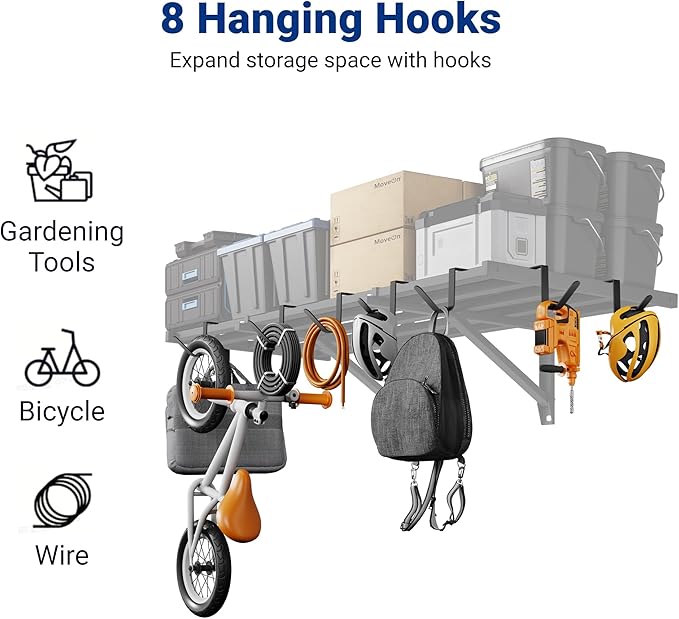 FLEXIMOUNTS 2x4ft Garage Wall Shelving, 2-Pack Heavy Duty Garage Shelving Wall Mounted with 8 Hooks, 400lbs Capacity, Storage for Power Tools, Garden Supplies, Storage Bins, Lite Series