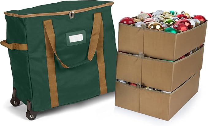 Covermates Keepsakes Rolling Adjustable Ornament Storage Bag – Heavy-Duty Polyester, FlexGrid Trays & Padded Dividers – Protective Holiday Organizer with Wheels, Handles & ID Window, Green