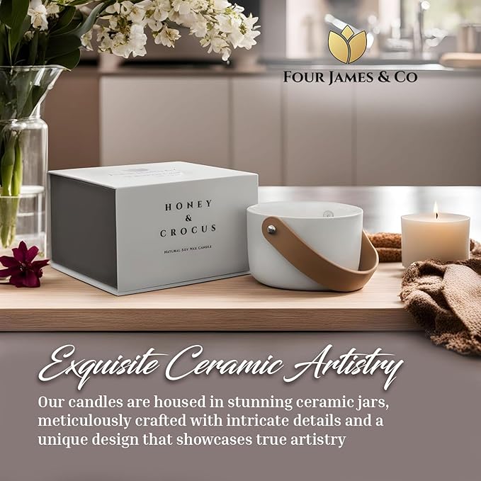FOUR JAMES & CO Luxury Highly Scented Premium Eco-Friendly Soy Wax 6oz Candles in Modern Giftable Box (Honey & Crocus)