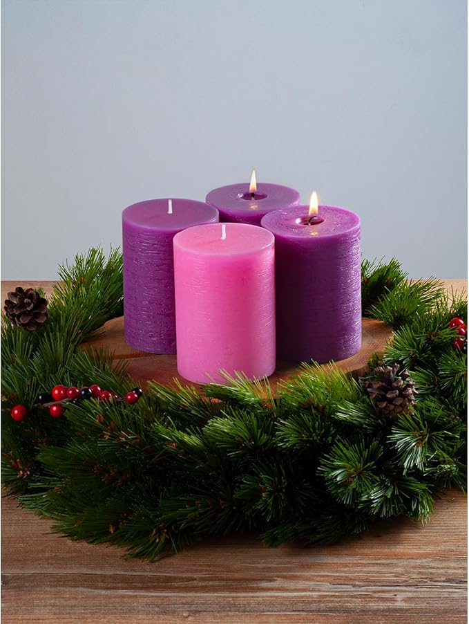 CANDWAX 3x4 Inch Advent Pillar Candles Set of 4 - Long Burning Dripless Unscented Pillar Candles - Rustic Style for Advent Wreaths, Christmas Décor - 3 Purple and 1 Pink Pillars