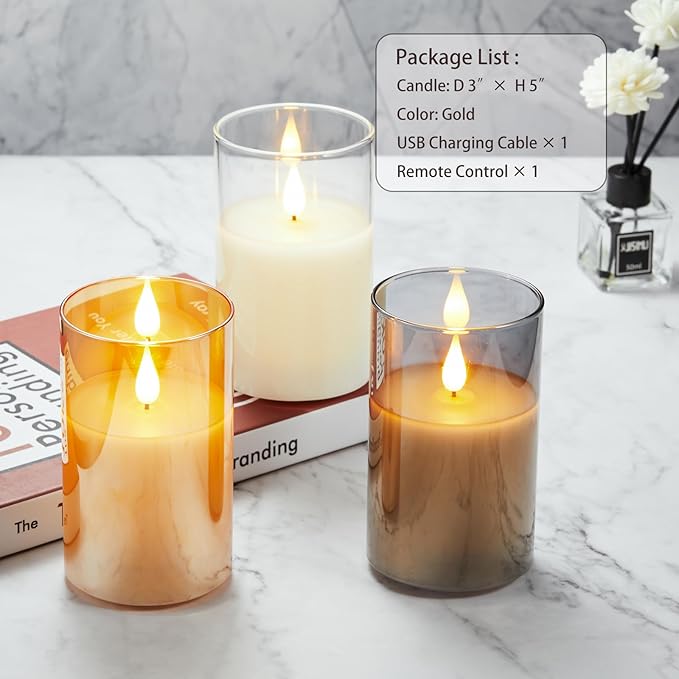 Rechargeable Battery Operated Flickering Flameless Candles with Remote and Timer, led Candle with 3D Wick Last 1000+ Hours Real Wax Electric Candles Pillar Candle for Home, Gold Glass 3" x 5"