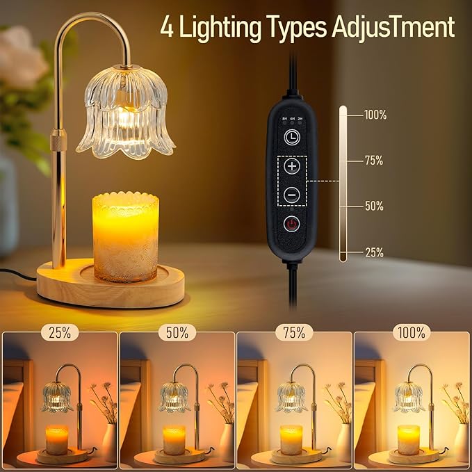 Electric Candle Warmer Lamp with Timer - Flame-Free 4-Level Dimming, Height Adjustable Gifts for Mom Women Friend, Birthday Housewarming Home Bedroom Decor