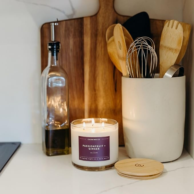 Calyan Wax Co. Passionfruit & Ginger 3 Wick Scented Candle - 43 Hour Burn - Luxury 3 Wick Soy Candles - Non Toxic Soy Wax Candles - Long Lasting Large Glass Jar Candle for Home - 14.9oz