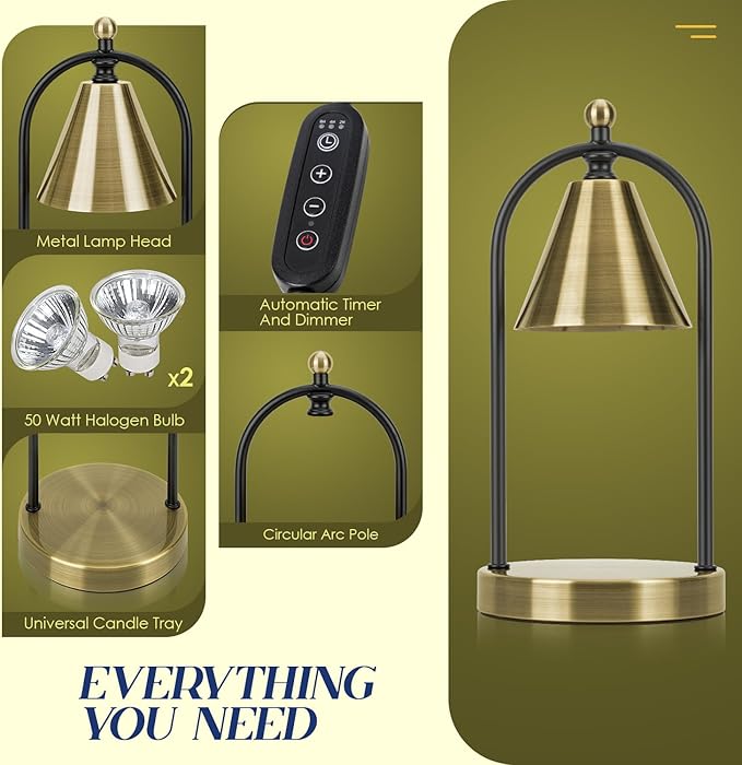 Soilsiu Candle Warmer Lamp with Timer, Electric Brass Light for Dimmable Wax Melts and Candle Jars, Bedroom Lamp Gifts for Women Home Decor (2 Bulbs)