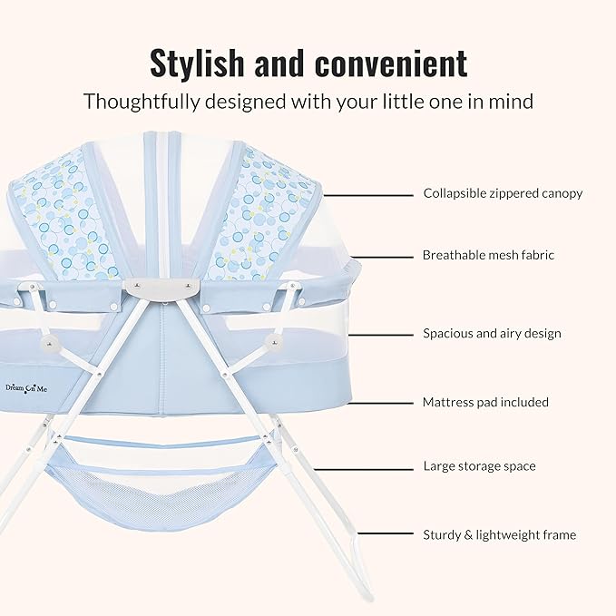 Dream On Me Karley Bassinet, Award Winner Lightweight Travel Baby Bassinet, Foldable Bedside Sleeper, Adjustable Double Canopy, Spacious Design, Soft Fabric, Storage Basket – Light Blue