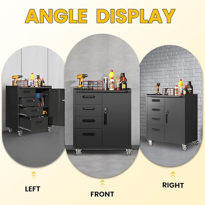 Garage Storage Cabinets with Wheels, Locking Metal Storage Cabinets with 4 Drawers and 1 Door, Easy Assembly Rolling Tool Cabinet for Garage, Basement,Warehouse