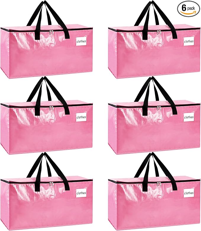 6-Pack Extra-Large Heavy-Duty Storage Totes with Reinforced Handles, Durable Zippers & Waterproof Material — Perfect for Space-Saving, Moving, Shipping and Travel (Pink)