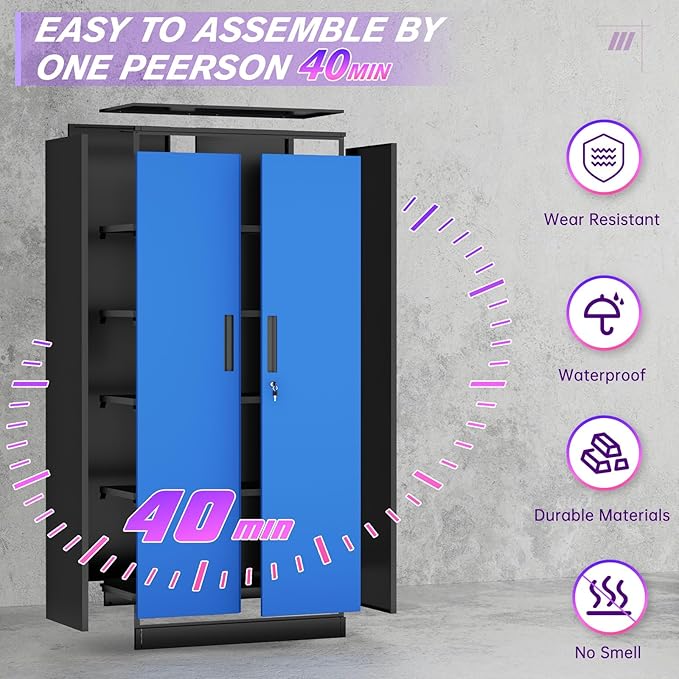 Superday Metal Storage Cabinets, 71" Storage Cabinet with Locking Door, Tall Garage Cabinet with 2 Doors and 4 Adjustable Shelves for Home Office, Classroom, Easy Assemble(Black Blue)